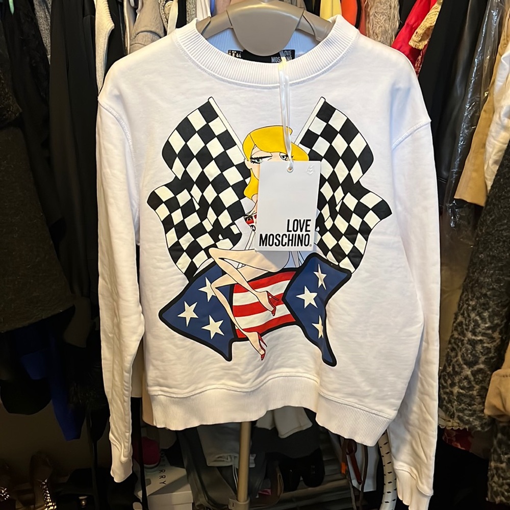 Love Moschino White Sweatshirt With Race Girl Print New with tag USA size 8